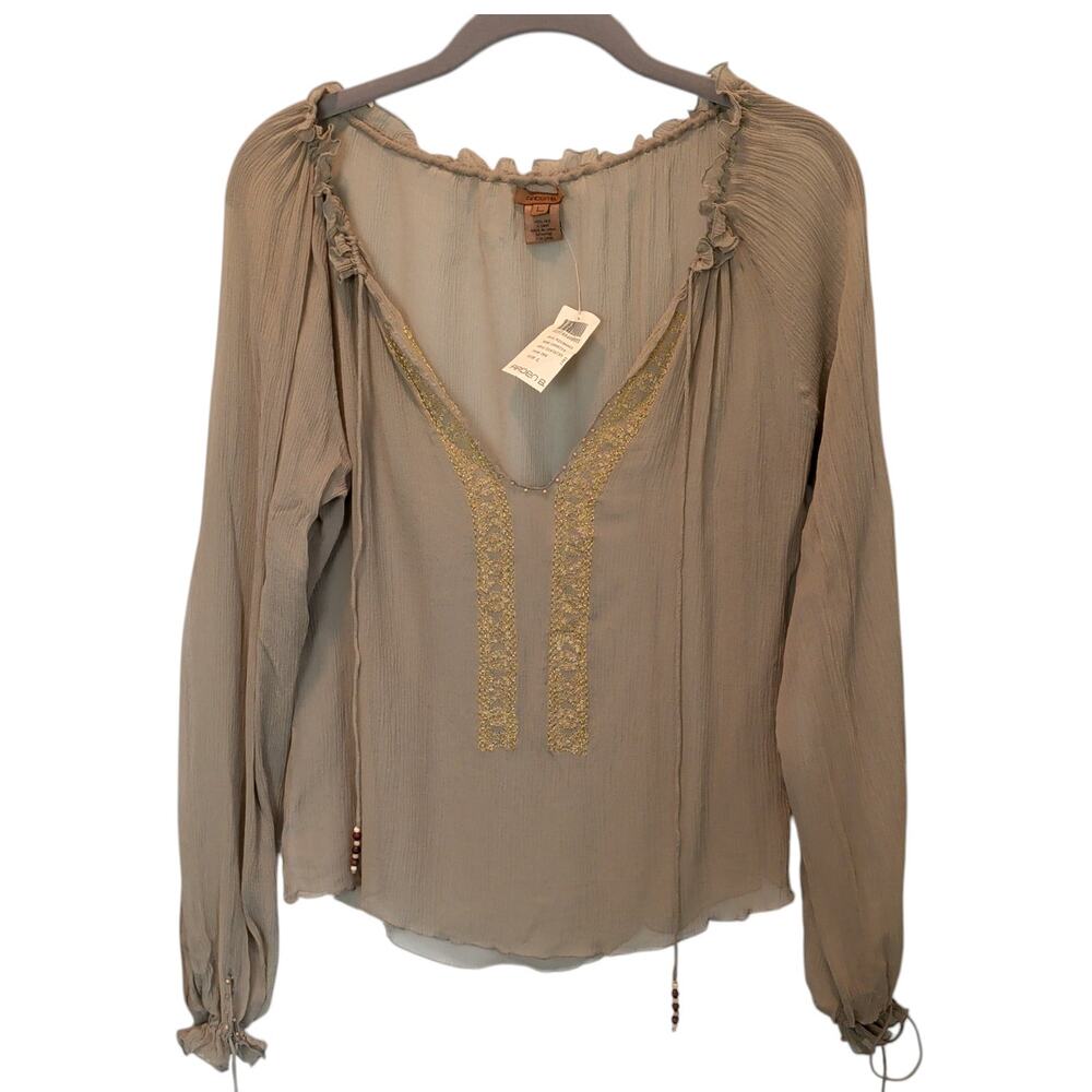 NOS Vintage Y2K Arden B Sz L 100% Silk Gauzy Sheer Embroidered Blouse Brown